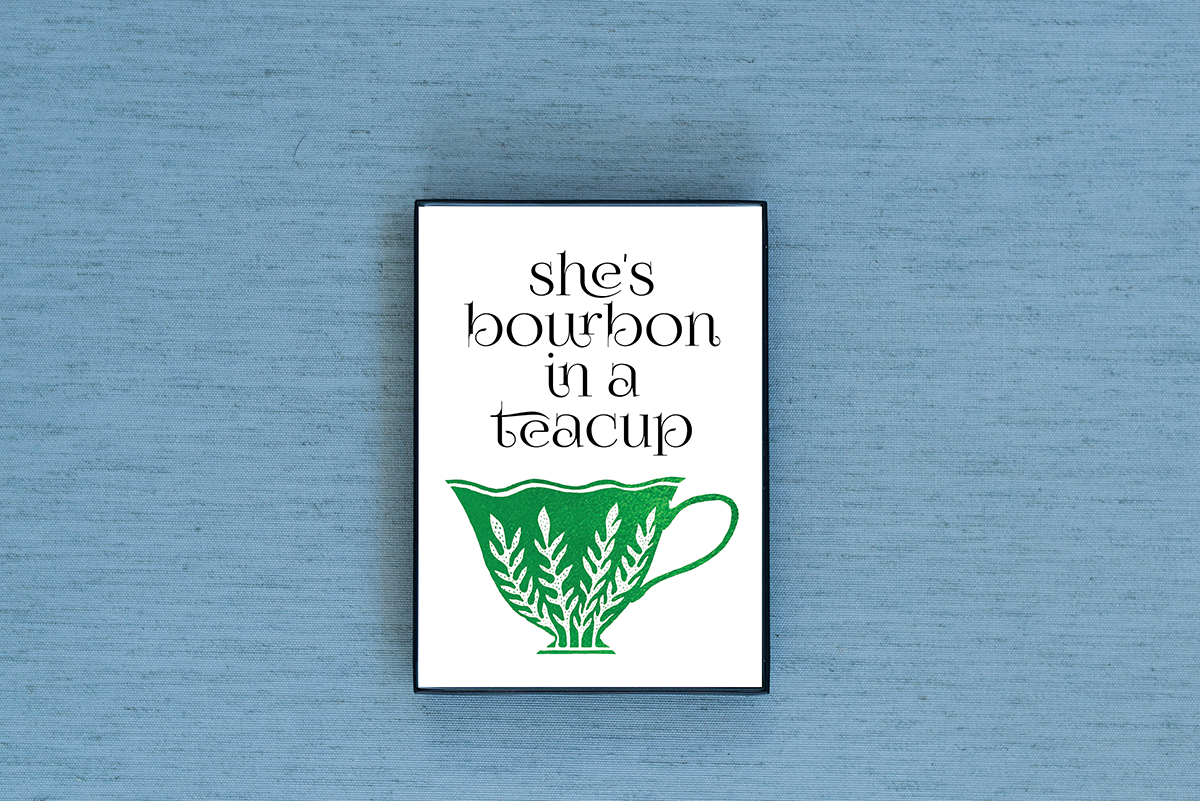 Photo of the She's Bourbon in a Teacup Foiled & Framed Print in Silver by Lucky Dog Design Co.