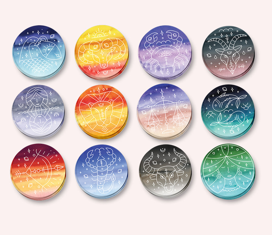 Grid layout photo of the Watercolor Horoscope Vinyl Stickers by Lucky Dog Design Co.