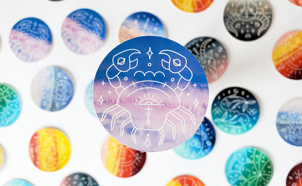 Photo of the Cancer Watercolor Horoscope Vinyl Sticker by Lucky Dog Design Co.