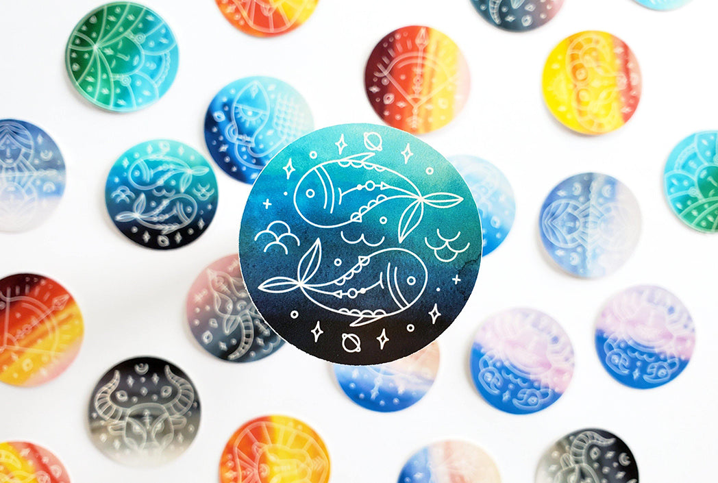 Photo of the Pisces Watercolor Horoscope Vinyl Sticker by Lucky Dog Design Co.